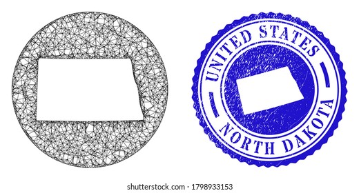 Mesh stencil round North Dakota State map and scratched seal. North Dakota State map is a hole in a circle seal. Web network vector North Dakota State map in a circle. Blue rounded scratched seal.