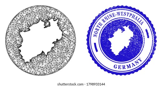 Mesh stencil round North Rhine-Westphalia Land map and scratched seal. North Rhine-Westphalia Land map is stencil in a round seal. Web mesh vector North Rhine-Westphalia Land map in a circle.