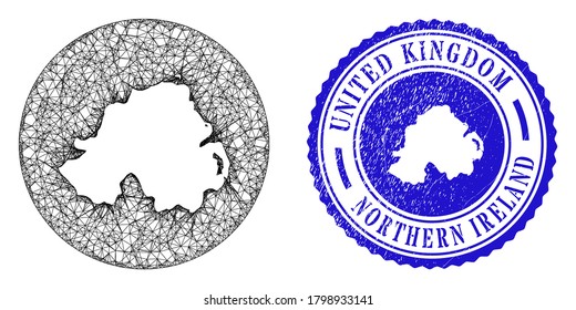 Mesh stencil round Northern Ireland map and scratched seal. Northern Ireland map is a hole in a round stamp seal. Web mesh vector Northern Ireland map in a circle. Blue round textured seal.