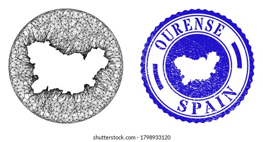 Mesh stencil round Ourense Province map and scratched seal. Ourense Province map is stencil in a circle stamp seal. Web network vector Ourense Province map in a circle. Blue rounded scratched stamp.