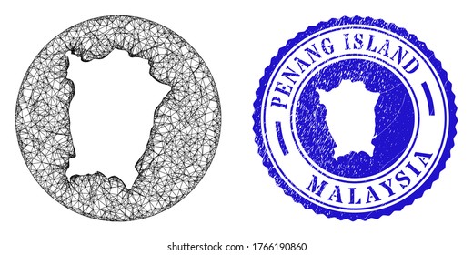 Mesh-Schablone rund um Penang Island Karte und Grunge-Robbe-Stempel. Penang Island Karte ist mit einem Rundstempel versehen. Web-Mesh-Vektorkarte Penang Island Karte in einem Kreis. Blauer Rundschimmel-Siegel.