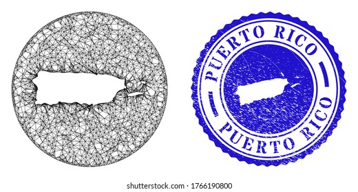 Mesh stencil round Puerto Rico map and grunge seal stamp. Puerto Rico map round stamp seals. Web mesh vector Puerto Rico map in a circle. Blue round distress seal.