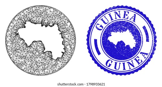 Esténcil de malla alrededor del mapa de la República de Guinea y sello de grunge. El mapa de la República de Guinea es un esténcil en un sello redondo. Mapa de la República de Guinea vector de malla web en un círculo.