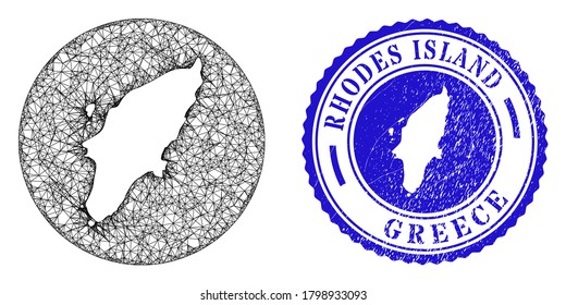 Mesh stencil round Rhodes Island map and scratched seal stamp. Rhodes Island map is stencil in a round stamp seal. Web carcass vector Rhodes Island map in a circle. Blue round textured seal stamp.