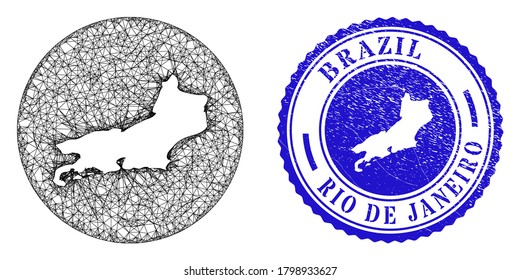 Mesh stencil round Rio de Janeiro State map and scratched seal. Rio de Janeiro State map is stencil in a round stamp. Web network vector Rio de Janeiro State map in a circle.