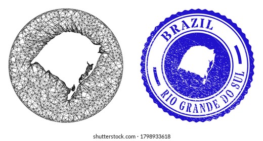 Esténcil de malla alrededor del mapa del estado de Rio Grande do Sul y estampado de grunge. El mapa del estado de Rio Grande do Sul es un esténcil en un sello redondo. Mapa del vector de malla web Rio Grande do Sul State en un círculo.