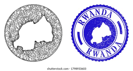 Mesh stencil round Rwanda map and scratched seal stamp. Rwanda map is a hole in a circle stamp seal. Web mesh vector Rwanda map in a circle. Blue round grunge seal stamp.