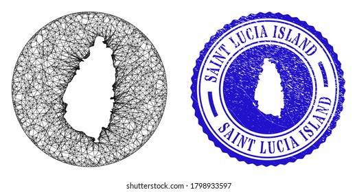 Esténcil de malla alrededor del mapa de la isla de Santa Lucía y sello de sellado de borrón. El mapa de la isla de Santa Lucía está tallado en un sello circular. Mapa de la isla Santa Lucía, vector de malla web, en círculo.
