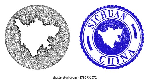 Mesh stencil round Sichuan Province map and scratched seal stamp. Sichuan Province map is a hole in a circle stamp seal. Web mesh vector Sichuan Province map in a circle.