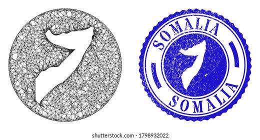 Mesh stencil round Somalia map and scratched stamp. Somalia map is stencil in a circle seal. Web mesh vector Somalia map in a circle. Blue round scratched watermark.