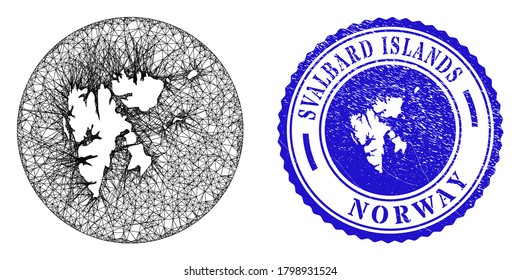 Mesh stencil round Svalbard Islands map and grunge seal stamp. Svalbard Islands map is a hole in a circle seal. Web carcass vector Svalbard Islands map in a circle. Blue round textured seal.