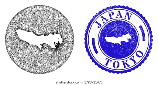 Mesh stencil round Tokyo Prefecture map and scratched seal. Tokyo Prefecture map is carved in a round stamp seal. Web net vector Tokyo Prefecture map in a circle. Blue round scratched stamp.