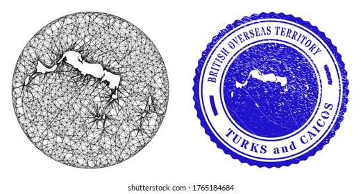 Mesh stencil round Turks and Caicos Islands map and grunge seal. Turks and Caicos Islands map is stencil in a circle seal. Web net vector Turks and Caicos Islands map in a circle.