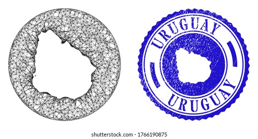 Mesh stencil round Uruguay map and scratched stamp. Uruguay map is stencil in a round stamp seal. Web mesh vector Uruguay map in a circle. Blue round textured seal stamp.