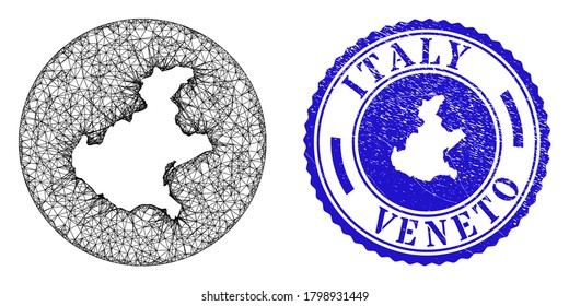 Mesh stencil round Veneto region map and grunge seal stamp. Veneto region map is stencil in a round stamp seal. Web mesh vector Veneto region map in a circle. Blue round grunge stamp.