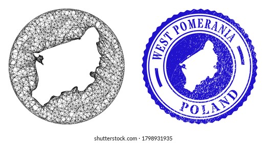 Mesh stencil round West Pomeranian Voivodeship map and grunge stamp. West Pomeranian Voivodeship map is stencil in a circle stamp seal. Web net vector West Pomeranian Voivodeship map in a circle.