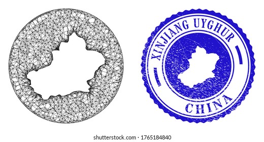 Mesh stencil round Xinjiang Uyghur Region map and scratched seal. Xinjiang Uyghur Region map is a hole in a round stamp seal. Web network vector Xinjiang Uyghur Region map in a circle.
