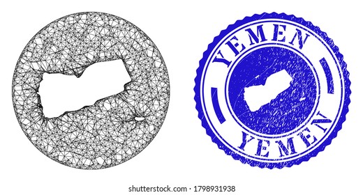 Mesh stencil round Yemen map and scratched seal. Yemen map is a hole in a round seal. Web carcass vector Yemen map in a circle. Blue round distress seal.