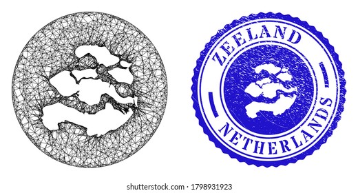 Mesh stencil round Zeeland Province map and scratched seal stamp. Zeeland Province map is a hole in a round stamp seal. Web mesh vector Zeeland Province map in a circle.