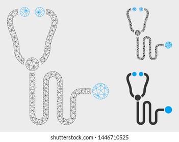 Mesh stethoscope model with triangle mosaic icon. Wire carcass triangular mesh of stethoscope. Vector composition of triangle parts in different sizes, and color tints. Abstract flat mesh stethoscope,