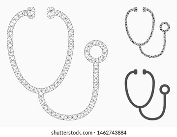 Mesh stethoscope model with triangle mosaic icon. Wire frame polygonal mesh of stethoscope. Vector mosaic of triangle parts in various sizes, and color shades. Abstract 2d mesh stethoscope,