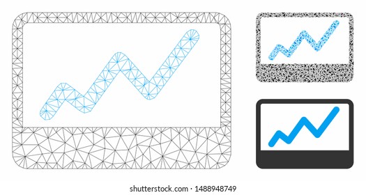 Mesh stock market chart model with triangle mosaic icon. Wire carcass polygonal mesh of stock market chart. Vector collage of triangle elements in variable sizes, and color tones.