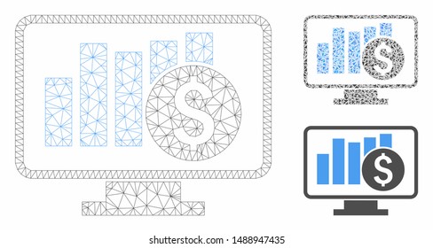 Mesh stock market monitoring model with triangle mosaic icon. Wire frame triangular network of stock market monitoring. Vector mosaic of triangle parts in various sizes, and color shades.