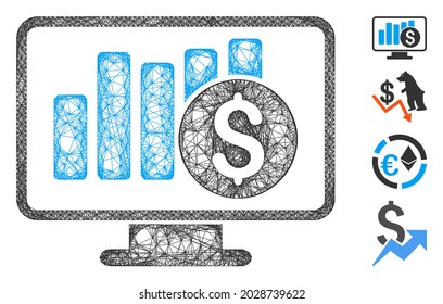 Mesh stock market monitoring web icon vector illustration. Carcass model is based on stock market monitoring flat icon. Mesh forms abstract stock market monitoring flat carcass.