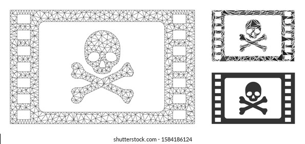 Mesh stolen movie model with triangle mosaic icon. Wire frame triangular mesh of stolen movie. Vector mosaic of triangles in various sizes, and color tones. Abstract 2d mesh stolen movie,