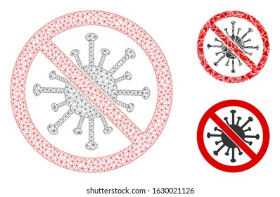 Mesh stop coronavirus model with triangle mosaic icon. Wire frame polygonal mesh of stop coronavirus. Vector mosaic of triangle parts in various sizes, and color tints.