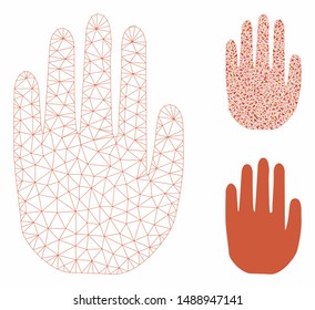 Mesh stop hand model with triangle mosaic icon. Wire frame polygonal network of stop hand. Vector mosaic of triangle elements in different sizes, and color tones. Abstract flat mesh stop hand,