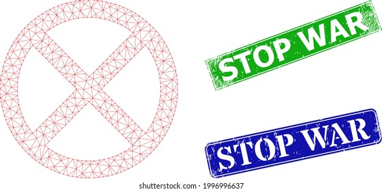 Modelo de parada de malla y Marcas de agua sucias de rectángulos azul y verde Stop War. La imagen de la canal de malla está diseñada con el icono de parada. Los sellos incluyen la etiqueta Stop War dentro del rectángulo.