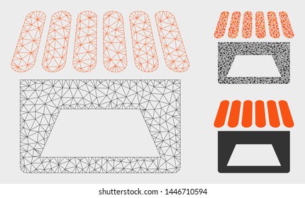 Mesh store model with triangle mosaic icon. Wire carcass triangular mesh of store. Vector mosaic of triangle parts in different sizes, and color tones. Abstract flat mesh store,