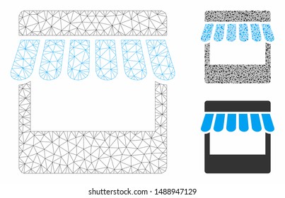Mesh store model with triangle mosaic icon. Wire frame triangular mesh of store. Vector mosaic of triangle parts in various sizes, and color tones. Abstract flat mesh store,