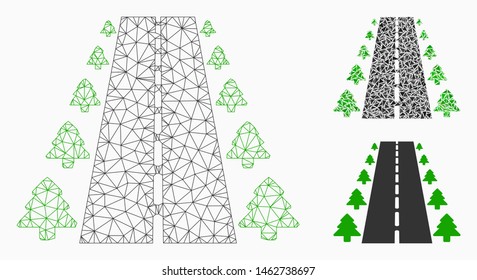 Mesh straight road alley model with triangle mosaic icon. Wire carcass polygonal network of straight road alley. Vector mosaic of triangle parts in variable sizes, and color tones.