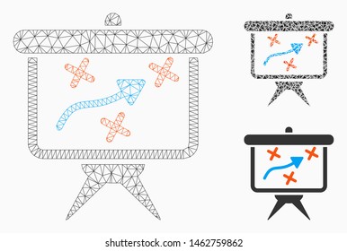 Mesh strategy model with triangle mosaic icon. Wire frame triangular mesh of strategy. Vector composition of triangle elements in variable sizes, and color shades. Abstract 2d mesh strategy,