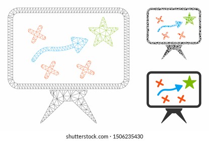 Mesh strategy model with triangle mosaic icon. Wire frame triangular mesh of strategy. Vector collage of triangle parts in various sizes, and color shades. Abstract flat mesh strategy,