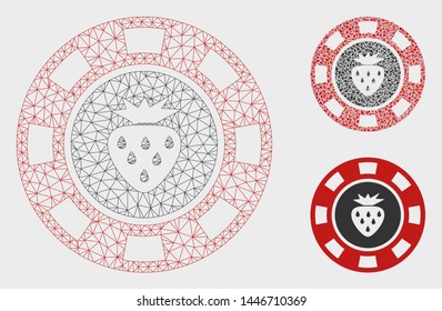 Mesh strawberry casino chip model with triangle mosaic icon. Wire carcass polygonal mesh of strawberry casino chip. Vector collage of triangle elements in various sizes, and color shades.