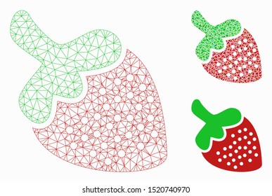 Mesh strawberry model with triangle mosaic icon. Wire carcass polygonal network of strawberry. Vector composition of triangle parts in variable sizes, and color shades. Abstract flat mesh strawberry,