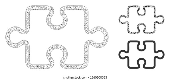 Mesh stroke puzzle item model with triangle mosaic icon. Wire carcass triangular mesh of stroke puzzle item. Vector collage of triangle parts in various sizes, and color tones.