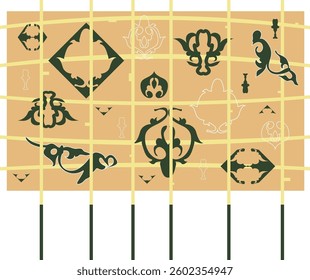 Mesh structure, intertwined with elements reminiscent of Old Russian patterns.