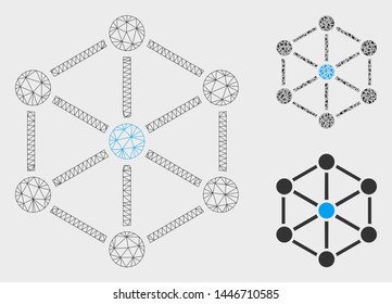 Mesh structure model with triangle mosaic icon. Wire frame polygonal mesh of structure. Vector mosaic of triangle parts in different sizes, and color hues. Abstract 2d mesh structure,