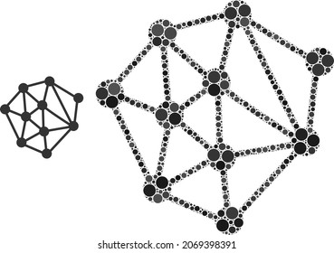 Mesh structure vector composition of circle dots in variable sizes and color tints. Circle dots are organized into mesh structure vector collage. Abstract vector design concept.