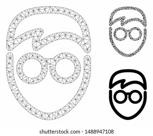 Mesh student face model with triangle mosaic icon. Wire frame triangular mesh of student face. Vector collage of triangle parts in variable sizes, and color tinges. Abstract 2d mesh student face,