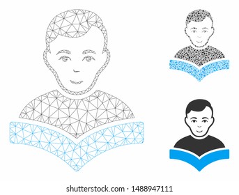 Mesh student model with triangle mosaic icon. Wire frame polygonal network of student. Vector mosaic of triangle elements in different sizes, and color tinges. Abstract flat mesh student,