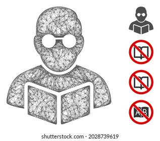 Ilustración vectorial del icono de la web del libro de lectura del estudiante de malla. El modelo de canal se crea a partir del icono plano del libro de lectura del estudiante. La malla forma un modelo abstracto de libro de lectura del estudiante.