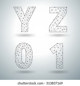 Mesh stylish alphabet letters numbers Y Z 0 1, Vector illustration templates design