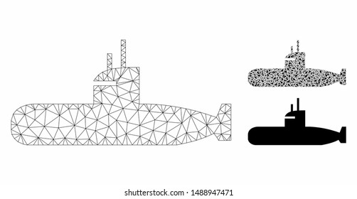 Mesh submarine model with triangle mosaic icon. Wire frame triangular mesh of submarine. Vector collage of triangle elements in different sizes, and color tones. Abstract 2d mesh submarine,