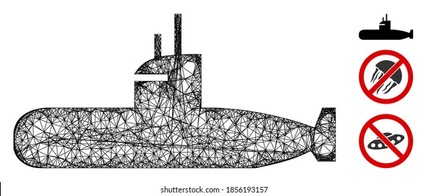 Mesh submarine polygonal web 2d vector illustration. Model is created from submarine flat icon. Triangle network forms abstract submarine flat model.