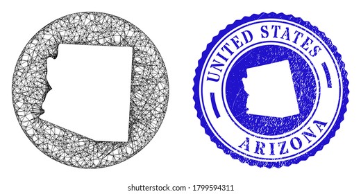 Mesh subtracted round Arizona State map and grunge stamp. Arizona State map is a hole in a round seal. Web mesh vector Arizona State map in a circle. Blue round scratched seal stamp.